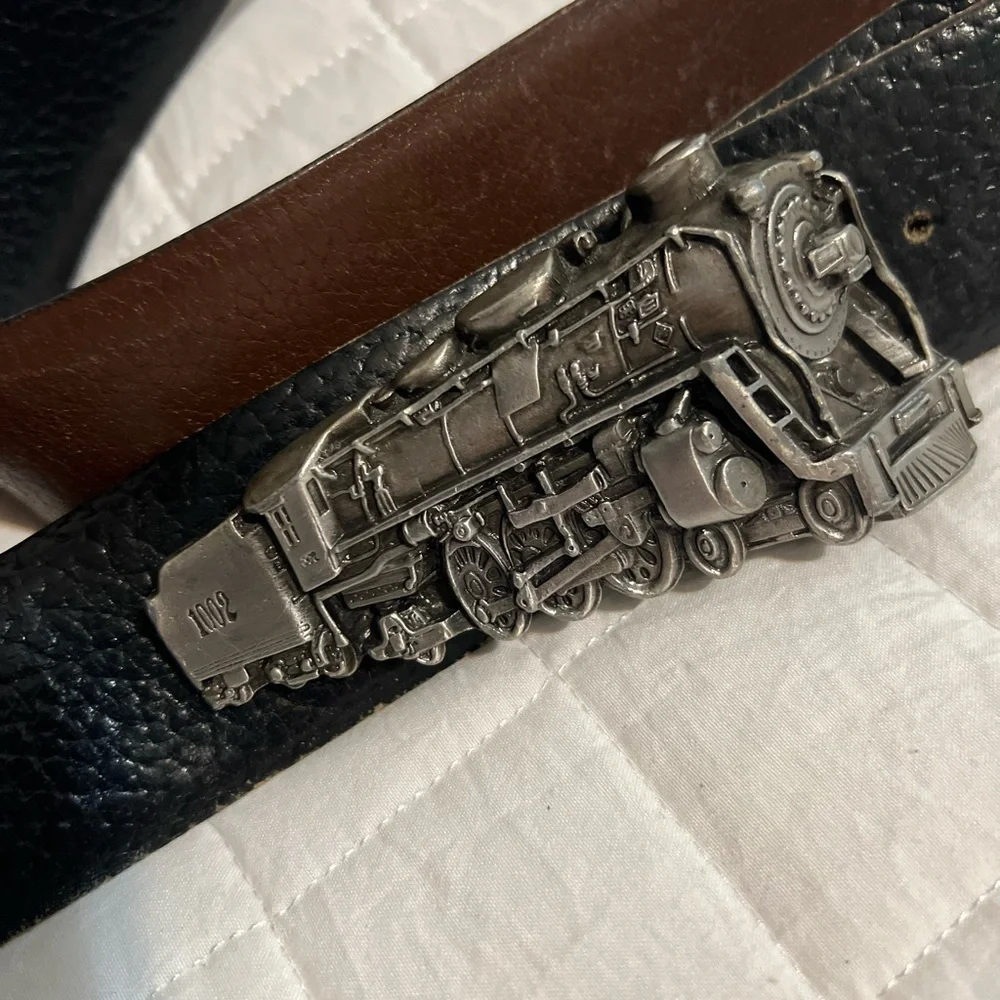 Bergamot Brass Works Pewter Locomotive Belt Buckle from 1978 and Belt